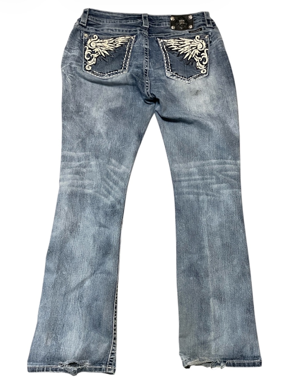 Women's Miss Me Thick Stitch Denim Jeans Mid Rise Boot Size 33 x 33.5 Wings